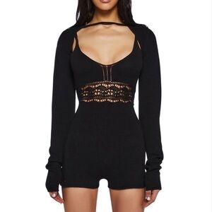 Dolls Kill Current Mood Black Sudden Silence Crochet Knit Cutout Romper. Size M